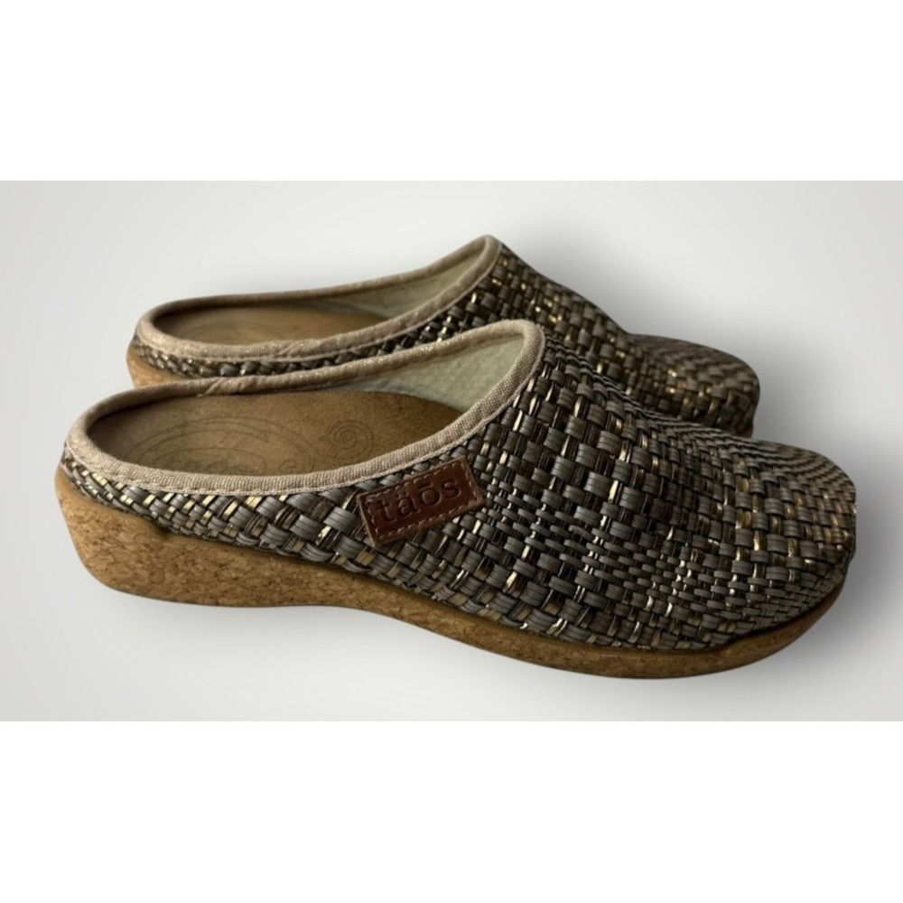 Taos Primavera Woven Leather Tan Bronze Basketweave Clogs Cork Sandals US 8 8.5 - Picture 12 of 13